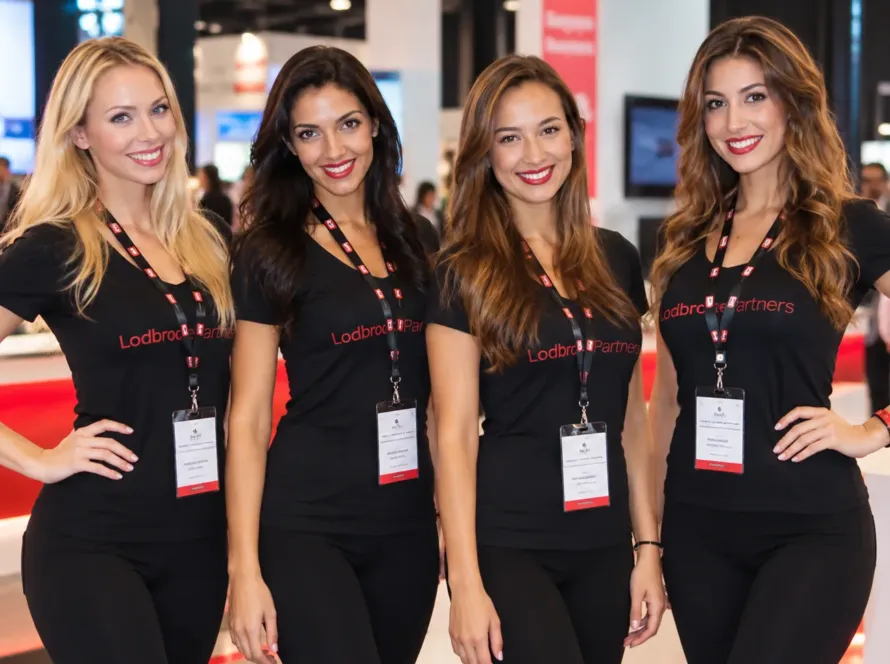 Event hostesses and brand promoters at an exhibition stand in Dubai