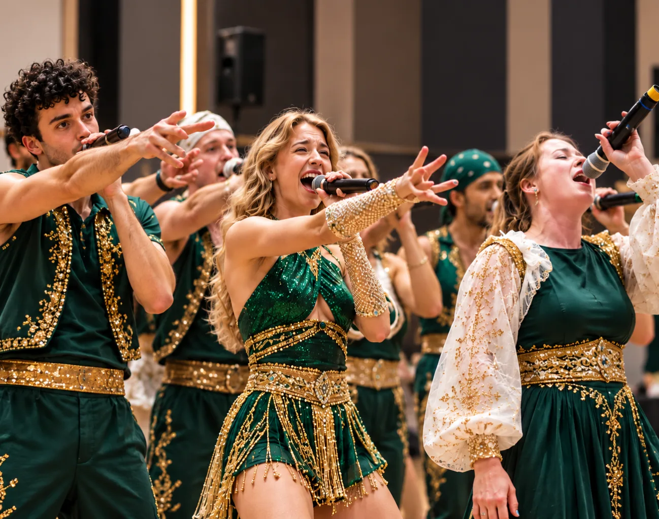 Performers in green and gold costumes singing and dancing at a corporate stage show in Dubai